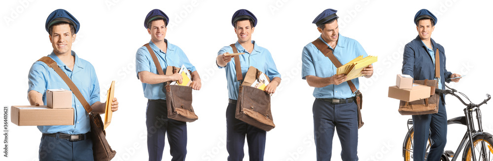 Handsome young postman with bicycle on white background Handsome young postman with bicycle on white background