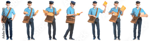 Handsome old postman on white background