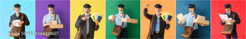 Handsome old postman on white background photo