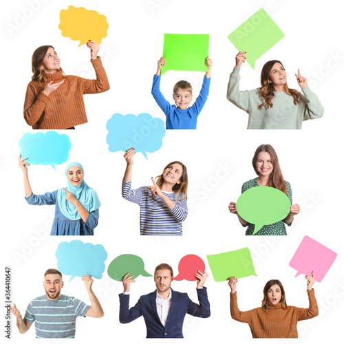 Different people with blank speech bubbles on white background