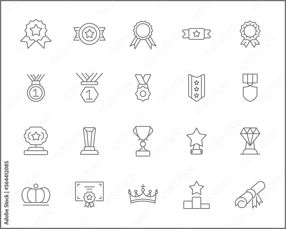 Set of awards and prizes icons line style. It contains such Icons as winner, cups, medals, badges, trophy, best, top and other. Set of awards and prizes icons line style. It contains such Icons as winner, cups, medals, badges, trophy, best, top and other.