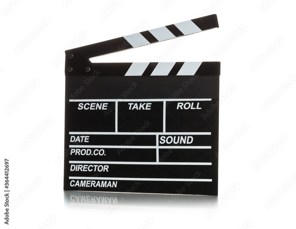 Single, black, opened movie clapper or clapper-board on white background