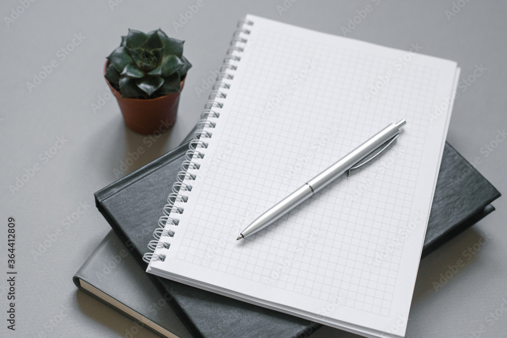 Stylish workplace. Notebooks and diaries on a gray desktop with a pen, succulent. Workspace for an office worker or freelancer, blogger