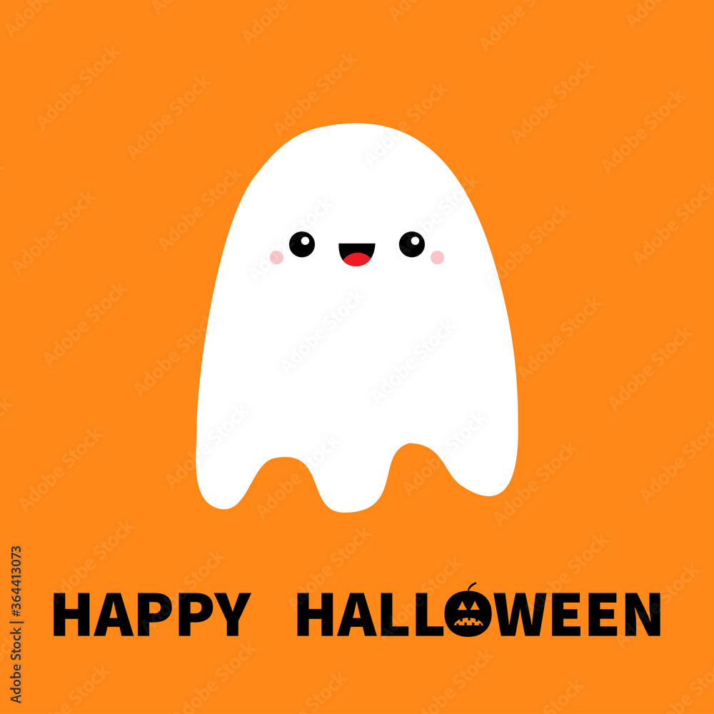 Flying ghost spirit. Happy Halloween. Boo. Cute cartoon kawaii spooky baby character. Scary white ghosts. Smiling face, hands. Orange background. Greeting card. Flat design. Flying ghost spirit. Happy Halloween. Boo. Cute cartoon kawaii spooky baby character. Scary white ghosts. Smiling face, hands. Orange background. Greeting card. Flat design.