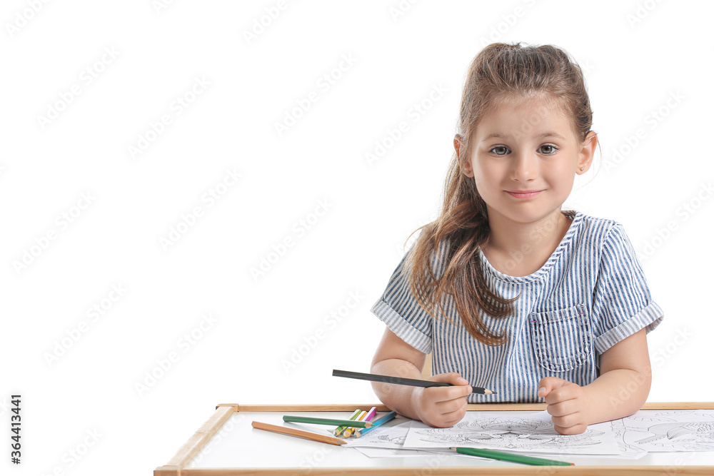 Cute little girl coloring pictures on white background Cute little girl coloring pictures on white background