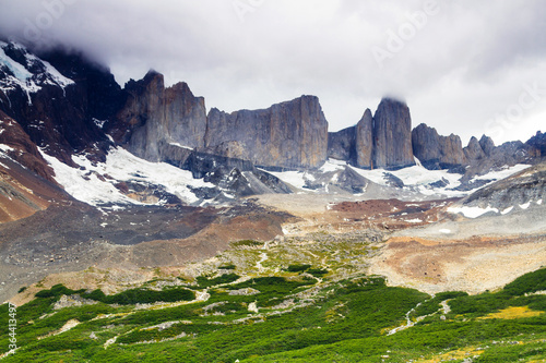 Epic beauty of the landscape - the National Park Torres del Paine in southern Chile. Lago Nordernskjold and mountains in the background. Valle de Frances and Glacier Frances view. photo