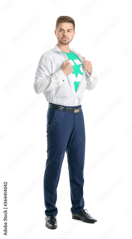 Man wearing t-shirt with recycling sign on white background. Ecology concept Man wearing t-shirt with recycling sign on white background. Ecology concept