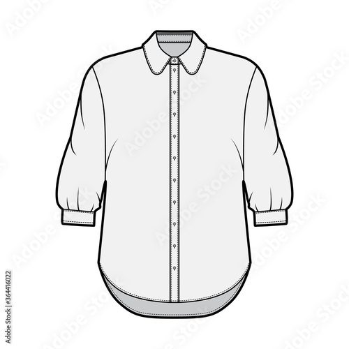 Classic shirt technical fashion illustration with button down front opening, round collar, elbow sleeves with cuff, oversized body. Flat apparel template front grey color. Women, men unisex CAD mockup