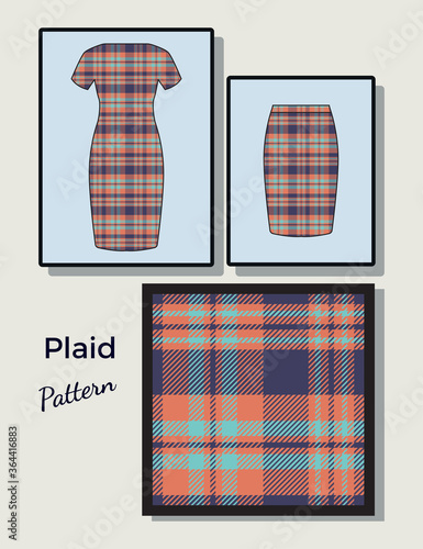 Plaid pattern design with orange and blue color background.  Texture for shirt, clothes, dresses and other textile design. Simulation of application to dres and skirt