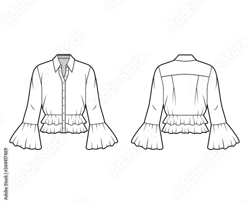 Shirt technical fashion illustration with peplum hem, collar with stand, long sleeves, voluminous fluted cuffs. Flat apparel blouse template front, back, white color. Women men and unisex CAD mockup