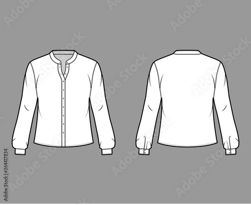 Shirt technical fashion illustration with curved mandarin stand collar and long sleeves with cuff. Flat apparel blouse template front back, white color. Women, men and unisex top CAD mockup