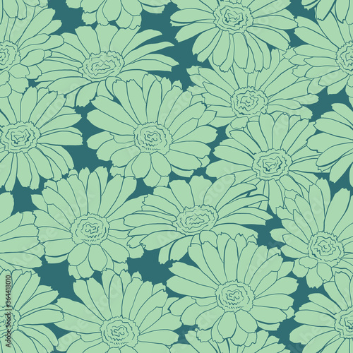 Green flowers, hand drawn daisies, seamless vector pattern