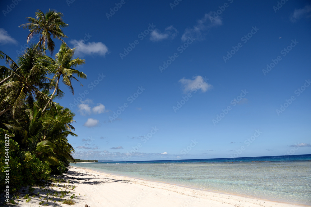 Deserted tropical sandy beach with coconut trees and clear blue waters in Guam, Micronesia Deserted tropical sandy beach with coconut trees and clear blue waters in Guam, Micronesia