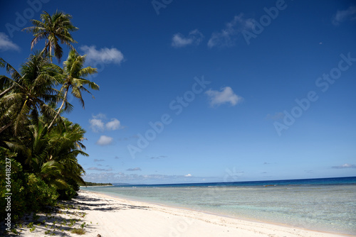 Deserted tropical sandy beach with coconut trees and clear blue waters in Guam, Micronesia