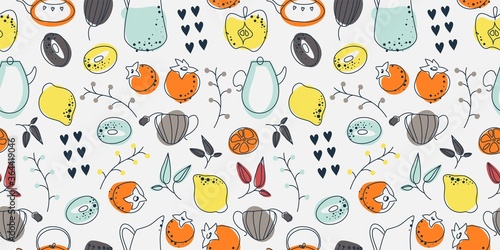 Kitchen seamless pattern for menu, print. Food and drink doodles in scandinavian color. Background with teapot, jug, tea cup, donuts, lemon, apple, persimmon in simple style. Vector stock illustration