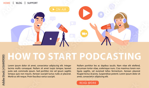 Podcast or interview concept. Podcasters recording a podcast with microphone and headphones. Vector web page banner illustration.