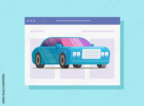 Car vehicle online service shop vector on internet web page flat cartoon illustration, idea of automobile rental or buying digital store