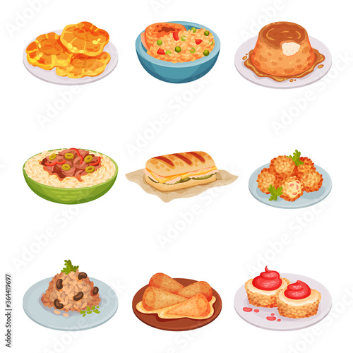 Cuban Food with Flan and Sandwich with Pork Roast Vector Set
