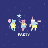 Funny bears and lettering “party”. Cartoon flat illustration with cute animal