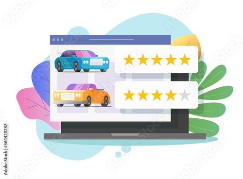 Car review rating online on laptop computer or automobile testimonial feedback and customer reputation internet web shop on pc vector flat colorful, vehicle rental shop rank or test drive auto access