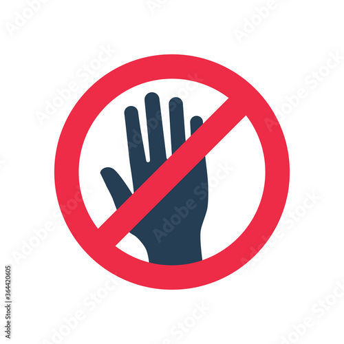 Don't touch icon. Black hand silhouette and red prohibition sign. Symbol rejection. Caution pictogram. Glyph stop icon. Vector illustration flat design. Isolated on white background.