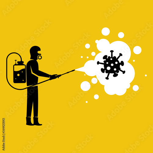 Black silhouette worker in chemical hazmat suit protection and equipment. Coronavirus covid-19. Disinfection concept. Spraying antibacterial. Biological precaution. Vector illustration flat design.