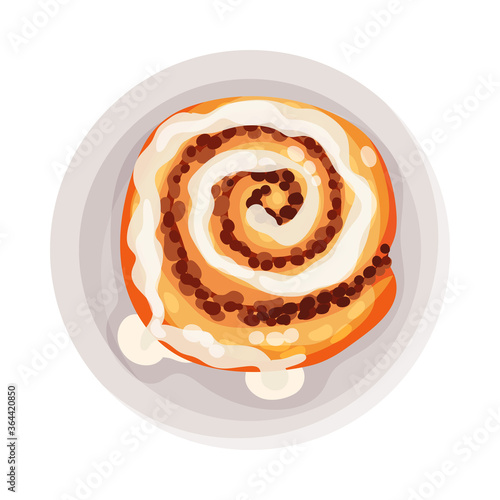 Cinnamon Bun as Dessert Served on Plate Vector Illustration