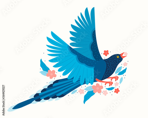 Taiwan blue magpie. Urocissa caerulea. Exotic birds of Taiwan and of Asia. Cute blue bird in hand drawn vector. Cute Blue cartoon bird. Vector flat illustration in Scandinavian style. Nature of Asia.