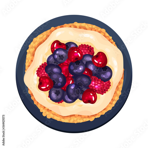 Tartlet or Small Pie with Blueberry and Raspberry as Dessert Served on Plate Vector Illustration