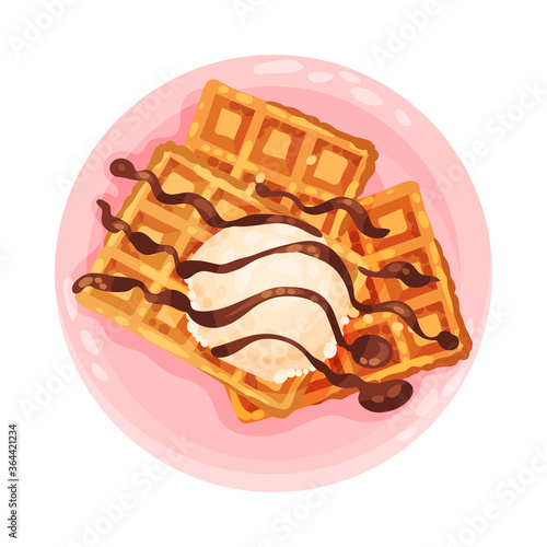 Gaufre or Waffles with Chocolate and Ice Cream Ball as Dessert Served on Plate Vector Illustration
