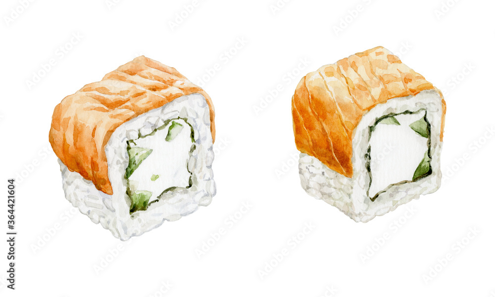 Watercolor illustration of Asian rolls with white rice, salmon and other ingredients. Watercolor illustration of Asian rolls with white rice, salmon and other ingredients.