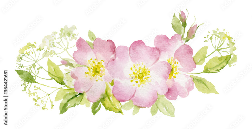 Rose Hip bouquet . Watercolor wild flowers on a white background. Design element for Invitations, greeting card, books and journals, decoupage, weddings, birthdays and scrapbooking. Rose Hip bouquet . Watercolor wild flowers on a white background. Design element for Invitations, greeting card, books and journals, decoupage, weddings, birthdays and scrapbooking.