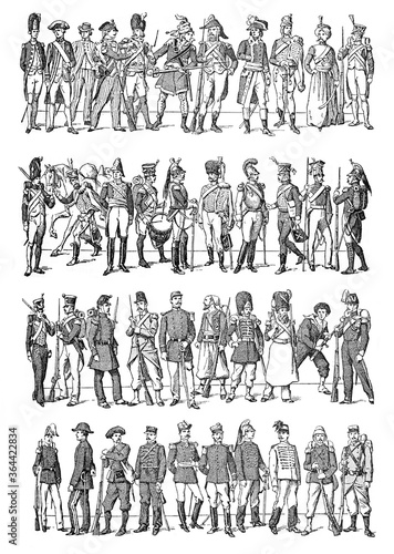 Soldiers costume collection from 1700 to 1900 / Vintage and Antique illustration from Petit Larousse 1914 