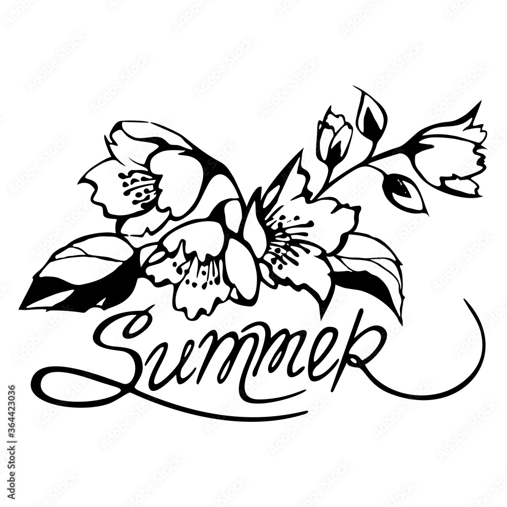 Image of blossom flowers, leaves and lettering Image of blossom flowers, leaves and lettering
