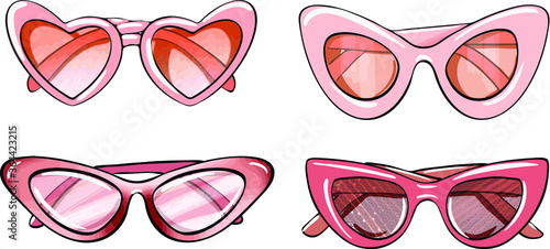 Pink women's glasses, 4 different options in shape and shades of pink. Different color solutions for glasses. Flat drawing style. Vector graphics. Handmade drawing