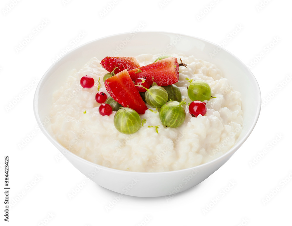 Bowl with boiled rice and berries on white background Bowl with boiled rice and berries on white background