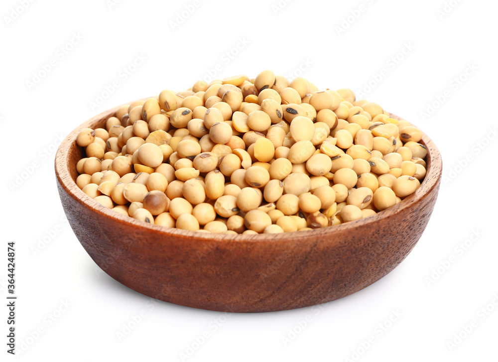 Plate with raw soy beans on white background