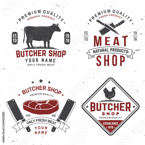 Set of butcher shop badge or label with cow, Beef, chicken. Vector. Vintage typography logo design with cow, chicken silhouette. Butchery meat shop, market, restaurant business.