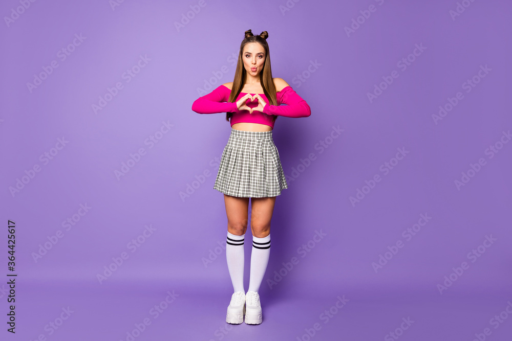 Full length body size view of her she nice attractive lovely cute winsome cheerful cheery girl showing heart sign isolated on bright vivid shine vibrant lilac violet purple color background Full length body size view of her she nice attractive lovely cute winsome cheerful cheery girl showing heart sign isolated on bright vivid shine vibrant lilac violet purple color background
