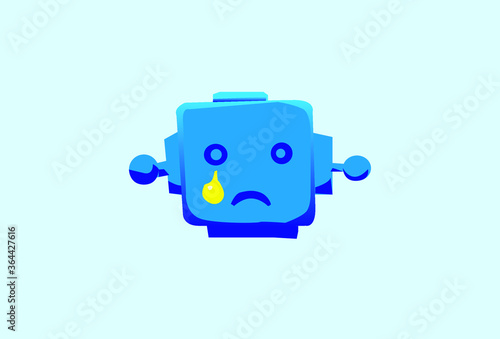 Crying robot android with emotion, artificial intelligent concept blue color. The depressed square robot in the blue background and color. AI technology and business in the future. Futuristic topic