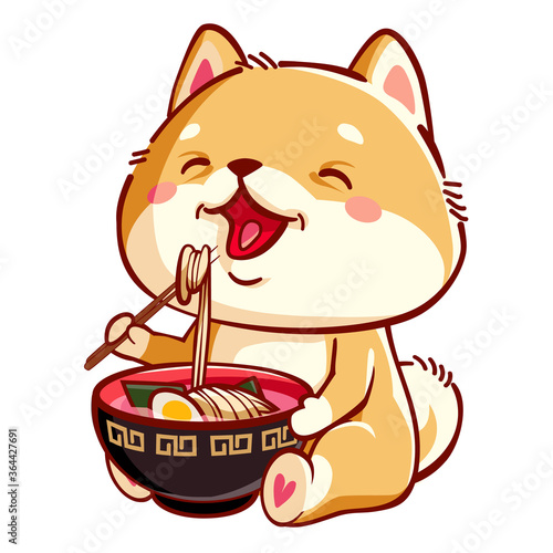 Cute Shiba inu eats ramen