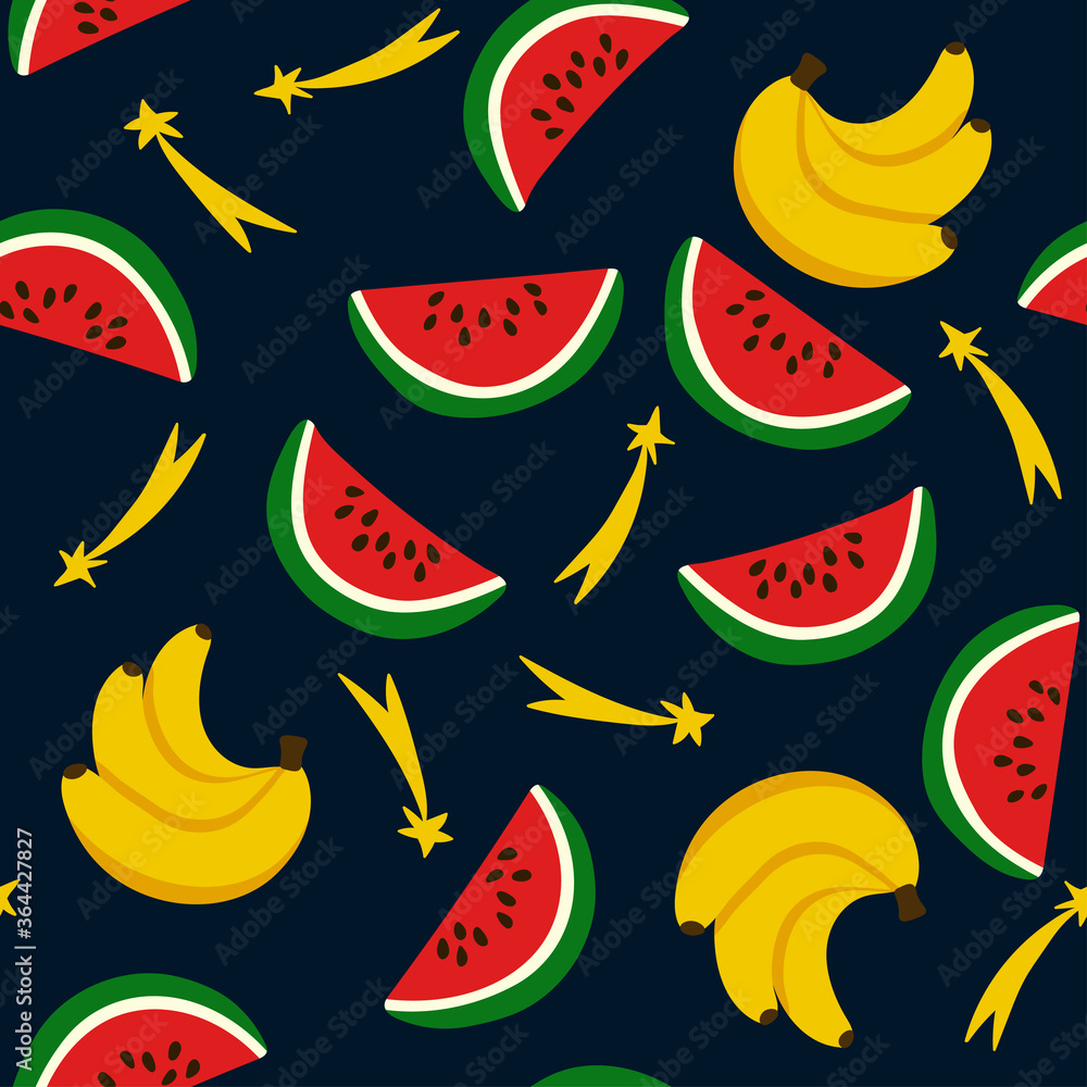 Seamless pattern with watermelons, bananas, stars on a dark night background. Repeating endless elements. Juicy and tasty fruits for a summer print. Background for textiles, packaging, postcards, etc. Seamless pattern with watermelons, bananas, stars on a dark night background. Repeating endless elements. Juicy and tasty fruits for a summer print. Background for textiles, packaging, postcards, etc.