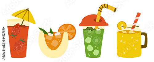 Set of cocktails for design. Juice with ice in glasses. Tubules, umbrellas, pieces of delicious fruit. Strawberries, oranges, tangerines, kiwi, bananas. Summer illustration.