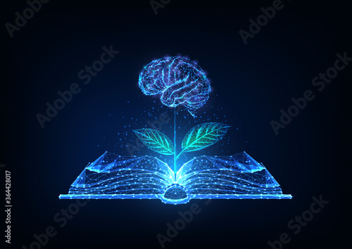 Futuristic knowledge, education, creativity concept with glowing low polygonal open book and plat with brain as a flower