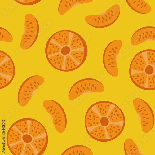 Seamless pattern with oranges and tangerines on a yellow background. Repeating endless elements. Juicy and tasty fruits for a summer print. Background for textiles  packaging  postcards  etc.