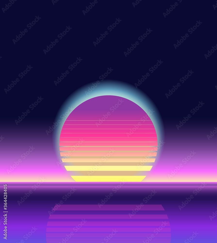 Sunrise, sunset. Retrowave, synthwave, rave, vapor, cyberpunk background. Futuristic dream. Yesterday’s tomorrow. Trendy retro 80s, 90s style. Black, purple, pink, blue colors. Banner, print wallpaper