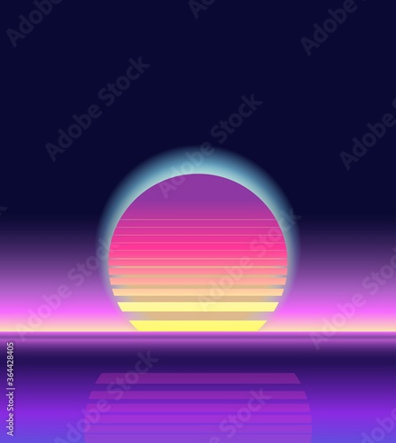 Sunrise, sunset. Retrowave, synthwave, rave, vapor, cyberpunk background. Futuristic dream. Yesterday’s tomorrow. Trendy retro 80s, 90s style. Black, purple, pink, blue colors. Banner, print wallpaper © Oksana Trygub