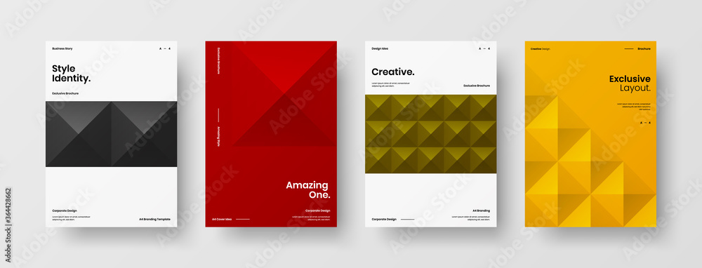 Fototapeta premium Company identity brochure template collection. Business presentation vector A4 vertical orientation front page mock up set. Corporate report cover abstract geometric illustration design layout bundle.
