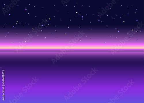 Night sky. Retrowave, synthwave, rave, vapor background. Abstract landscape. Yesterday’s tomorrow. Retro, vintage 1980s, 1990s style. Black, purple, pink, blue, yellow colors. Banner, print, wallpaper