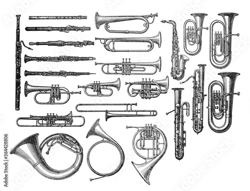 Fotografía Blow instruments musical collection / Vintage and Antique illustration from Peti
